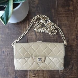 Beautiful Beige Leather Authentic Chanel Wallet On Chain